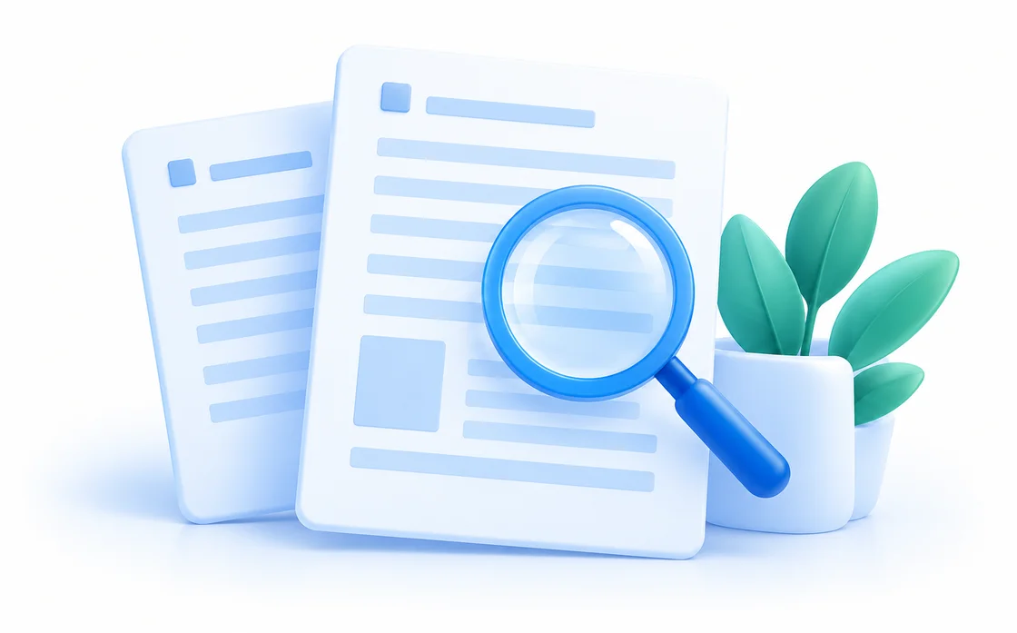 Illustration of project documents and a magnifying glass.
