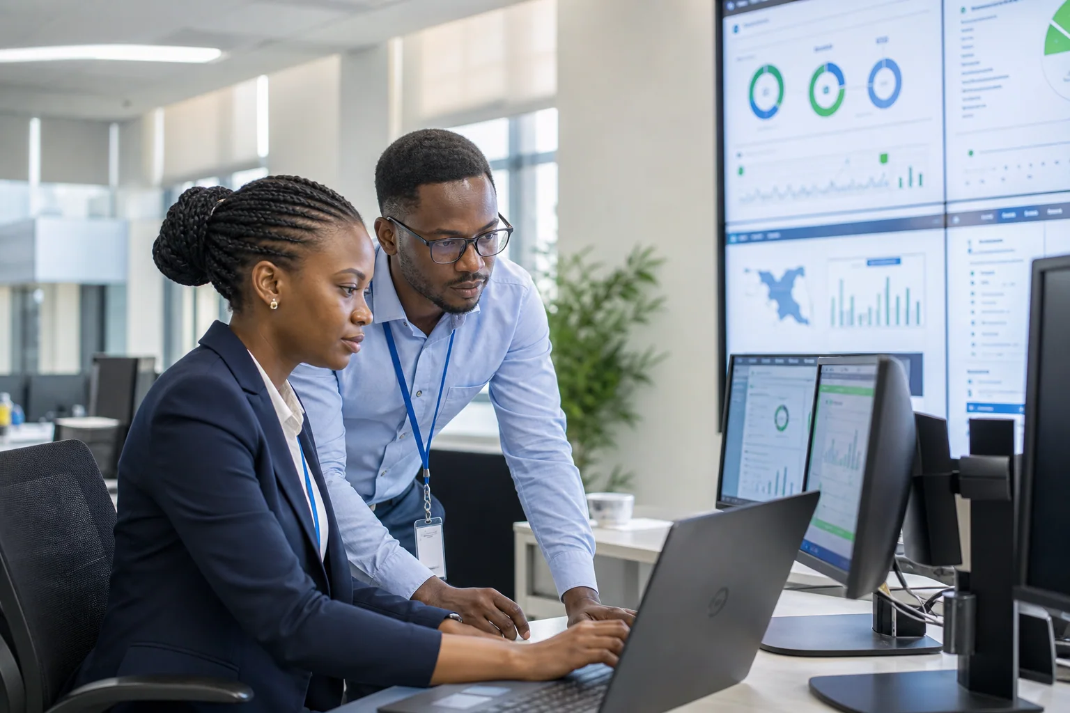 Tanzanian software team reviewing a secure operational system and reporting dashboards